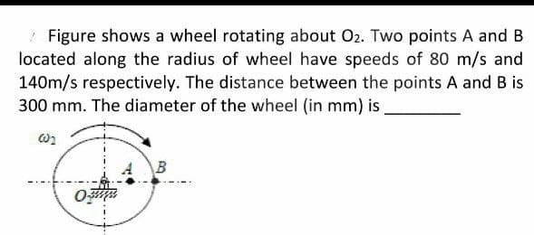 Figure shows a wheel rotating about O₂. Two points A and B
located along the radius of wheel have speeds of 80 m/s and
140m/s respectively. The distance between the points A and B is
300 mm. The diameter of the wheel (in mm) is
002
OF
B