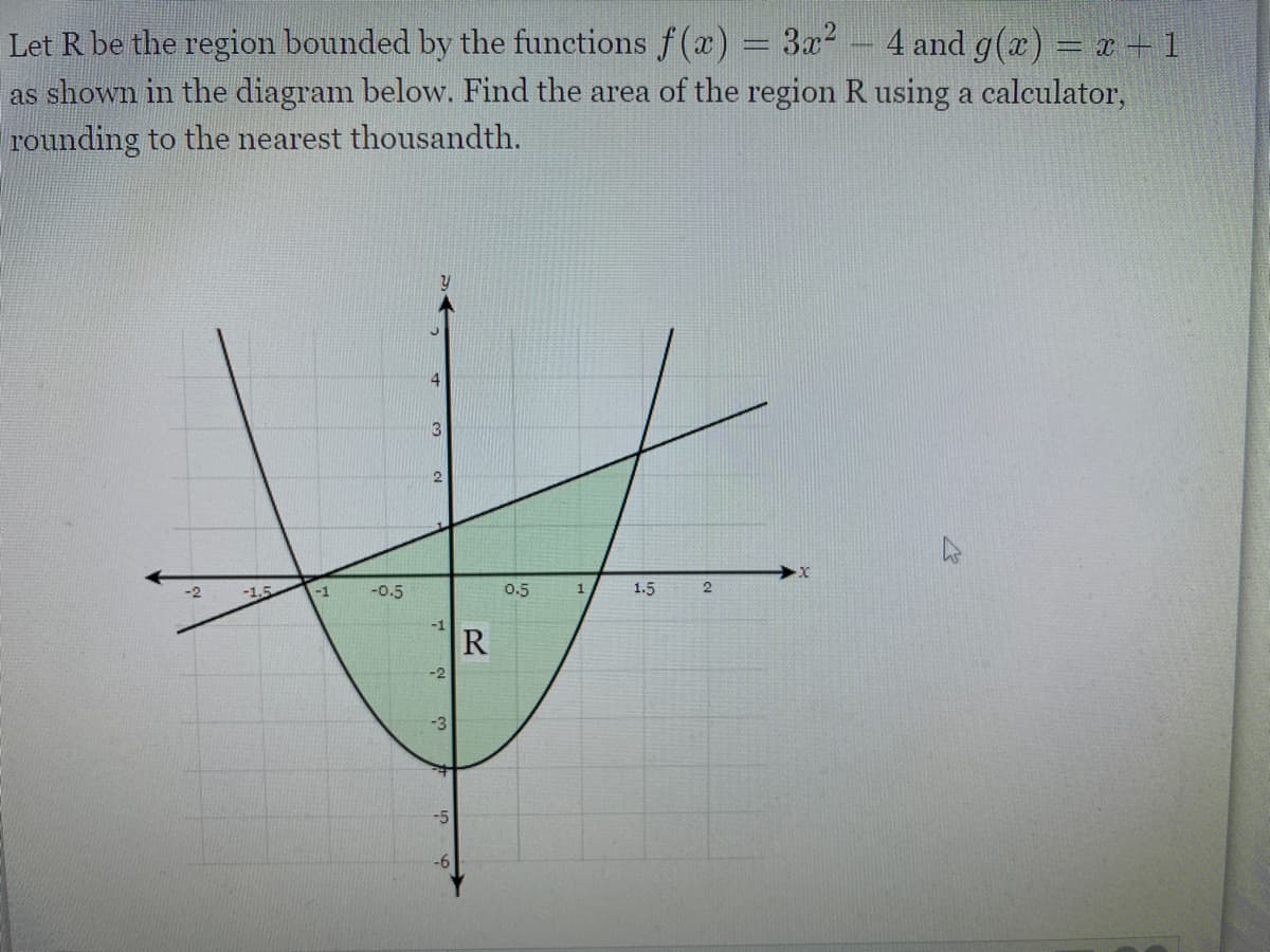 Let R be the region bounded by the functions f(x) = 3x2
as shown in the diagram below. Find the area of the region R using a calculator,
rounding to the nearest thousandth.
4 and g(x) = x + 1
4.
3.
-1,5
-1
-0.5
0.5
1.5
R
