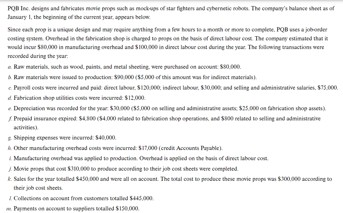 PQB Inc. designs and fabricates movie props such as mock-ups of star fighters and cybernetic robots. The company's balance sheet as of
January 1, the beginning of the current year, appears below.
Since each prop is a unique design and may require anything from a few hours to a month or more to complete, PQB uses a job-order
costing system. Overhead in the fabrication shop is charged to props on the basis of direct labour cost. The company estimated that it
would incur $80,000 in manufacturing overhead and $100,000 in direct labour cost during the year. The following transactions were
recorded during the year:
a. Raw materials, such as wood, paints, and metal sheeting, were purchased on account: $80,000.
b. Raw materials were issued to production: $90,000 ($5,000 of this amount was for indirect materials).
c. Payroll costs were incurred and paid: direct labour, $120,000; indirect labour, $30,000; and selling and administrative salaries, $75,000.
d. Fabrication shop utilities costs were incurred: $12,000.
e. Depreciation was recorded for the year: $30,000 ($5,000 on selling and administrative assets; $25,000 on fabrication shop assets).
f. Prepaid insurance expired: $4,800 ($4,000 related to fabrication shop operations, and $800 related to selling and administrative
activities).
g. Shipping expenses were incurred: $40,000.
h. Other manufacturing overhead costs were incurred: $17,000 (credit Accounts Payable).
i. Manufacturing overhead was applied to production. Overhead is applied on the basis of direct labour cost.
j. Movie props that cost $310,000 to produce according to their job cost sheets were completed.
k. Sales for the year totalled $450,000 and were all on account. The total cost to produce these movie props was $300,000 according to
their job cost sheets.
1. Collections on account from customers totalled $445,000.
m. Payments on account to suppliers totalled $150,000.