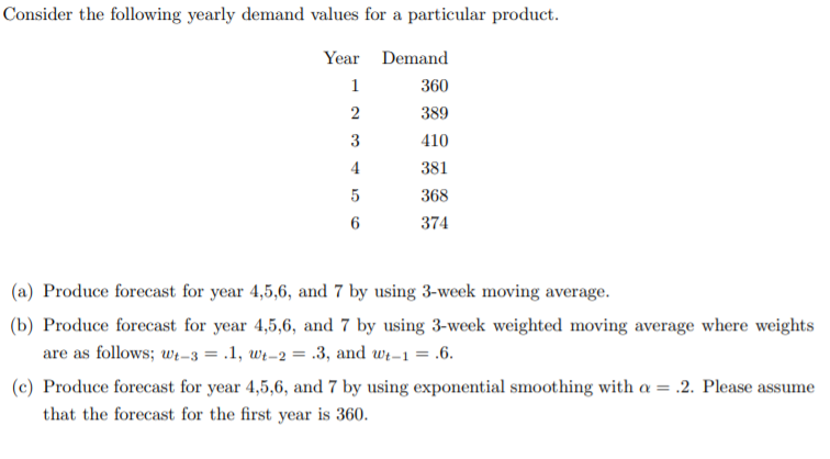 Consider the following yearly demand values for a particular product.
Year Demand
1
360
389
3
410
4
381
368
374
(a) Produce forecast for year 4,5,6, and 7 by using 3-week moving average.
(b) Produce forecast for year 4,5,6, and 7 by using 3-week weighted moving average where weights
are as follows; wt–3 = .1, wt-2 = .3, and wt-1 = .6.
(c) Produce forecast for year 4,5,6, and 7 by using exponential smoothing with a = .2. Please assume
that the forecast for the first year is 360.
