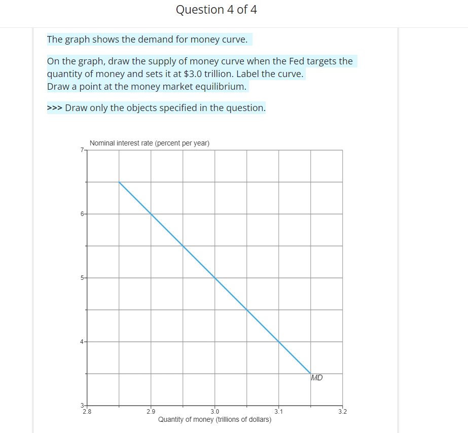 Question 4 of 4
The graph shows the demand for money curve.
On the graph, draw the supply of money curve when the Fed targets the
quantity of money and sets it at $3.0 trillion. Label the curve.
Draw a point at the money market equilibrium.
>>> Draw only the objects specified in the question.
Nominal interest rate (percent per year)
6-
5-
4
32
2.8
2.9
3.0
Quantity of money (trillions of dollars)
MD
3.1
3.2