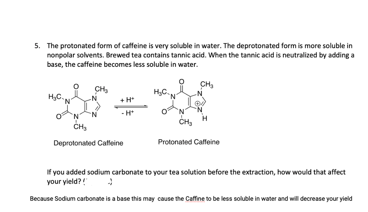 5. The protonated form of caffeine is very soluble in water. The deprotonated form is more soluble in
nonpolar solvents. Brewed tea contains tannic acid. When the tannic acid is neutralized by adding a
base, the caffeine becomes less soluble in water.
CH3
**+
N
+ H+
- H+
CH3
Deprotonated Caffeine
H3C
H3C
`N
CH3
CH3
H
Protonated Caffeine
If
you added sodium carbonate to your tea solution before the extraction, how would that affect
your yield?!
Because Sodium carbonate is a base this may cause the Caffine to be less soluble in water and will decrease your yield