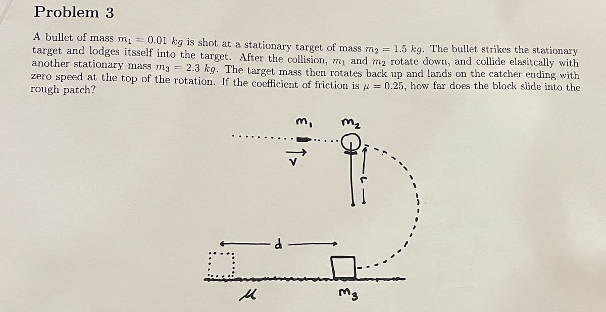 Problem 3
=
A bullet of mass m₁ = 0.01 kg is shot at a stationary target of mass m2
target and lodges itsself into the target. After the collision, m₁ and m2 rotate down, and collide elasitcally with
1.5 kg. The bullet strikes the stationary
another stationary mass m3 = 2.3 kg. The target mass then rotates back up and lands on the catcher ending with
zero speed at the top of the rotation. If the coefficient of friction is μ = 0.25, how far does the block slide into the
rough patch?
M
d
M3