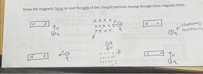 Draw the magnetic force on and the path of the charged particles moving through these magnetic fields.
N
S
S
Tv
#a
La
૧
X X X X
xxxx
xx xx
8
V
q
,,B
N
S
N
J'a
stationary
Not movin