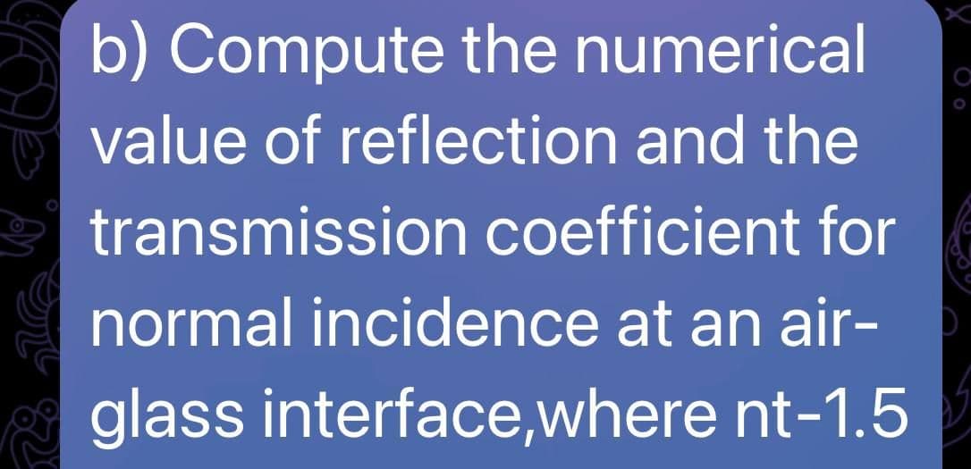 b) Compute the numerical
value of reflection and the
transmission coefficient for
normal incidence at an air-
glass interface, where nt-1.5
-
Oo