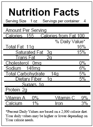 Nutrition Facts
Serving Size 1 oz Servings per container 4
Amount Per Serving
Calories 155 Calories from Fat 100
Total Fat 11g
Saturated Fat 3g
Trans Fat
2q
Cholesterol 0mg
Sodium 148mg
Total Carbohydrate
Dietary Fiber 1g
Sugars 10
Protein 2g
Vitamin A 0%
Calcium 1%
% Daily Value*
16%
15%
14g
Vitamin C
Iron
0%
6%
5%
5%
9%
3%
*Percent Daily Values are based on a 2,000 calorie diet.
Your daily values may be higher or lower depending on
Your calorie needs.
