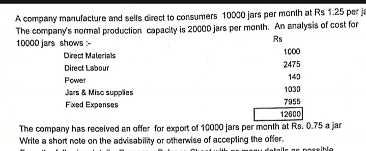 A company manufacture and sells direct to consumers 10000 jars per month at Rs 1.25 per ja
The company's normal production capacity is 20000 jars per month. An analysis of cost for
10000 jars shows :-
Rs
1000
Direct Materials
2475
Direct Labour
140
Power
1030
Jars & Misc supplies
7955
Fixed Expenses
12600
The company has received an offer for export of 10000 jars per month at Rs. 0.75 a jar
Write a short note on the advisability or otherwise of accepting the offer.
uith
dotoile ae nossible
