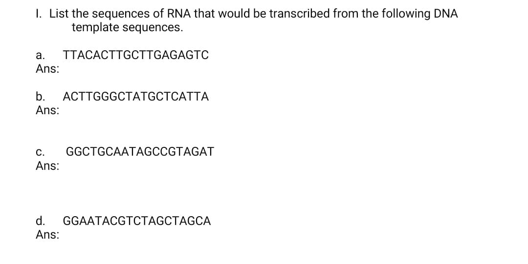 I. List the sequences of RNA that would be transcribed from the following DNA
template sequences.
а.
TTACACTTGCTTGAGAGTC
Ans:
b.
ACTTGGGCTATGCTCATTA
Ans:
С.
GGCTGCAATAGCCGTAGAT
Ans:
d.
GGAATACGTCTAGCTAGCA
Ans:
