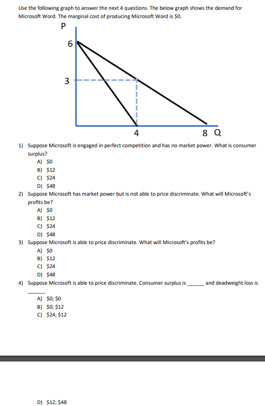 Use the following graph to answer the next 4 questions. The below graph shows the demand for
Microsoft Word. The marginal cost of producing Microsoft Word is $0.
P
A) $0
B) $12
C) $24
4
8 Q
1) Suppose Microsoft is engaged in perfect competition and has no market power. What is consumer
surplus?
3
B) $12
C) $24
6
D) $48
2) Suppose Microsoft has market power but is not able to price discriminate. What will Microsoft's
profits be?
A) $0
D) $48
3) Suppose Microsoft is able to price discriminate. What will Microsoft's profits be?
A) $0
B) $12
C) $24
D) $48
4) Suppose Microsoft is able to price discriminate. Consumer surplus is
A) $0; $0
B) $0; $12
C) $24; $12
D) $12; $48
and deadweight loss is