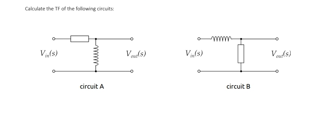 Calculate the TF of the following circuits:
Vin(s)
circuit A
Vout(s)
Vin(s)
mmmm
circuit B
Vout(s)
O
