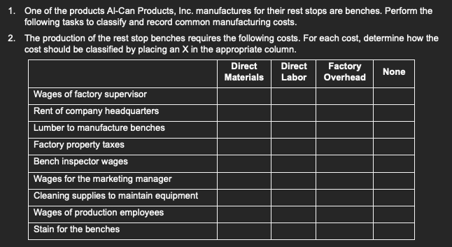 1. One of the products Al-Can Products, Inc. manufactures for their rest stops are benches. Perform the
following tasks to classify and record common manufacturing costs.
2. The production of the rest stop benches requires the following costs. For each cost, determine how the
cost should be classified by placing an X in the appropriate column.
Wages of factory supervisor
Rent of company headquarters
Lumber to manufacture benches
Factory property taxes
Bench inspector wages
Wages for the marketing manager
Cleaning supplies to maintain equipment
Wages of production employees
Stain for the benches
Direct
Materials
Direct Factory
Labor Overhead
None