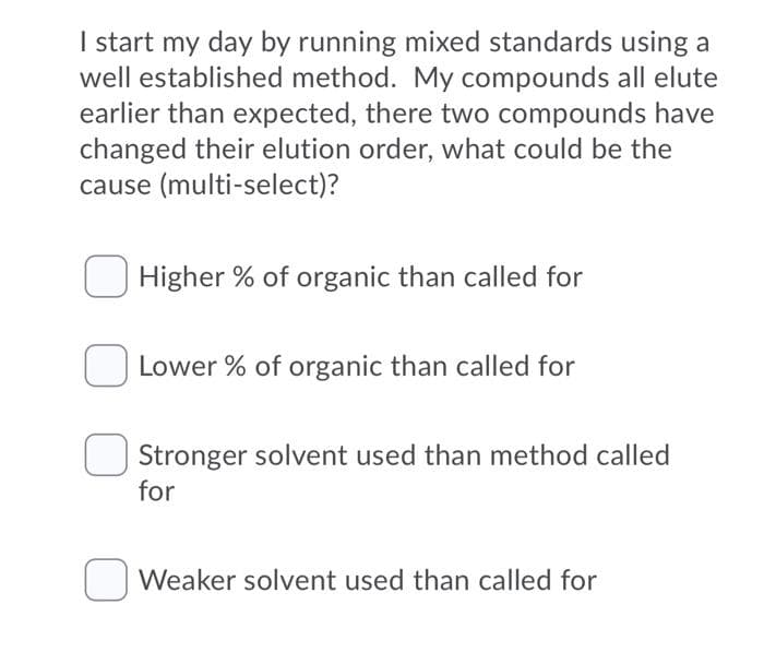 I start my day by running mixed standards using a
well established method. My compounds all elute
earlier than expected, there two compounds have
changed their elution order, what could be the
cause (multi-select)?
Higher % of organic than called for
Lower % of organic than called for
Stronger solvent used than method called
for
O Weaker solvent used than called for
