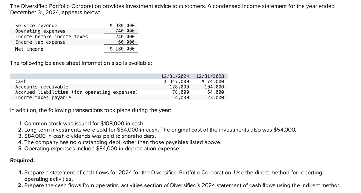 The Diversified Portfolio Corporation provides investment advice to customers. A condensed income statement for the year ended
December 31, 2024, appears below:
Service revenue
Operating expenses
Income before income taxes.
Income tax expense
Net income
$ 980,000
740,000
240,000
60,000
$ 180,000
The following balance sheet information also available:
12/31/2024
$ 347,000
128,000
78,000
14,000
12/31/2023
$ 74,000
104,000
64,000
23,000
Cash
Accounts receivable
Accrued liabilities (for operating expenses)
Income taxes payable
In addition, the following transactions took place during the year:
1. Common stock was issued for $108,000 in cash.
2. Long-term investments were sold for $54,000 in cash. The original cost of the investments also was $54,000.
3. $84,000 in cash dividends was paid to shareholders.
4. The company has no outstanding debt, other than those payables listed above.
5. Operating expenses include $34,000 in depreciation expense.
Required:
1. Prepare a statement of cash flows for 2024 for the Diversified Portfolio Corporation. Use the direct method for reporting
operating activities.
2. Prepare the cash flows from operating activities section of Diversified's 2024 statement of cash flows using the indirect method.