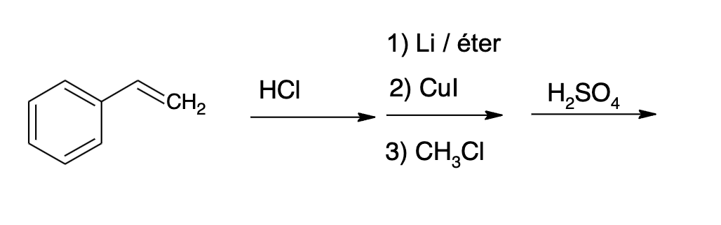 CH₂
HCI
1) Li / éter
2) Cul
3) CH₂CI
H₂SO4