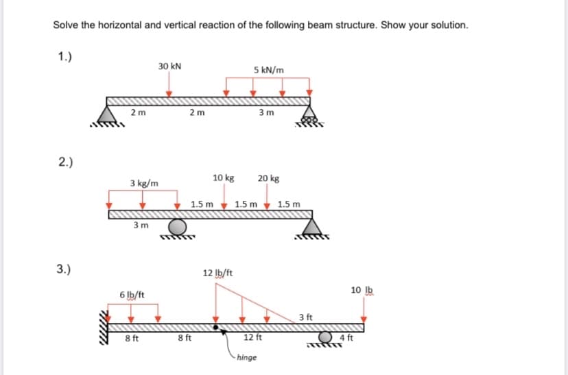 TTIT
Solve the horizontal and vertical reaction of the following beam structure. Show your solution.
1.)
30 kN
5 kN/m
2 m
2 m
3 m
2.)
10 kg
20 kg
3 kg/m
1.5 m
1.5 m
1.5 m
3 m
3.)
12 Ib/ft
10 Ib
6 Ib/ft
3 ft
8 ft
8 ft
12 ft
O 4 ft
- hinge
