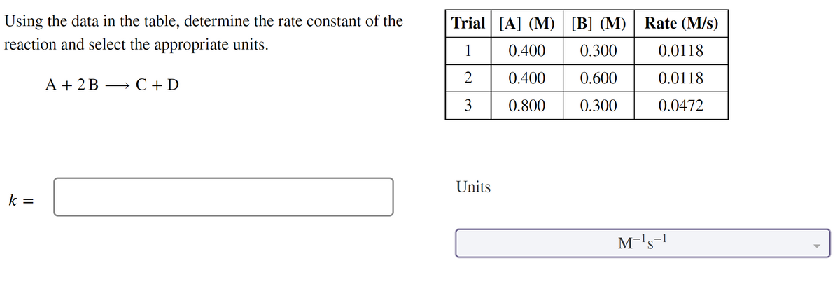 Using the data in the table, determine the rate constant of the
reaction and select the appropriate units.
k=
=
A + 2B
C + D
Trial [A] (M) [B] (M) Rate (M/s)
1
0.300
2
0.600
3
0.300
Units
0.400
0.400
0.800
0.0118
0.0118
0.0472
M-¹s-1