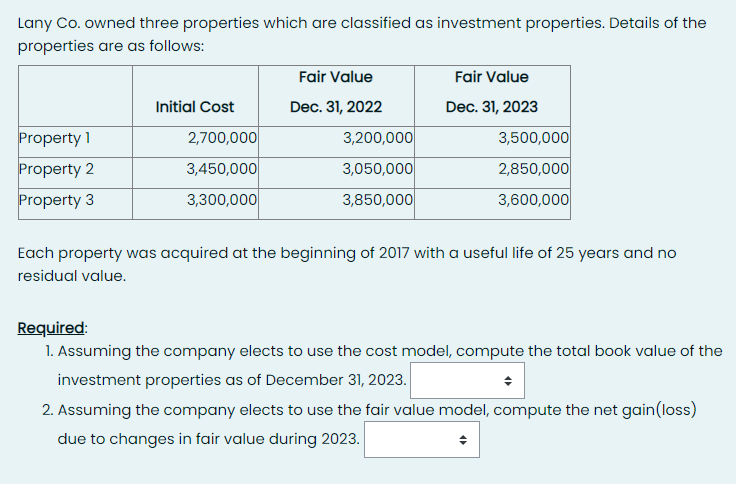 Lany Co. owned three properties which are classified as investment properties. Details of the
properties are as follows:
Property 1
Property 2
Property 3
Initial Cost
2,700,000
3,450,000
3,300,000
Fair Value
Dec. 31, 2022
3,200,000
3,050,000
3,850,000
Fair Value
Dec. 31, 2023
3,500,000
2,850,000
3,600,000
Each property was acquired at the beginning of 2017 with a useful life of 25 years and no
residual value.
Required:
1. Assuming the company elects to use the cost model, compute the total book value of the
investment properties as of December 31, 2023.
2. Assuming the company elects to use the fair value model, compute the net gain (loss)
due to changes in fair value during 2023.