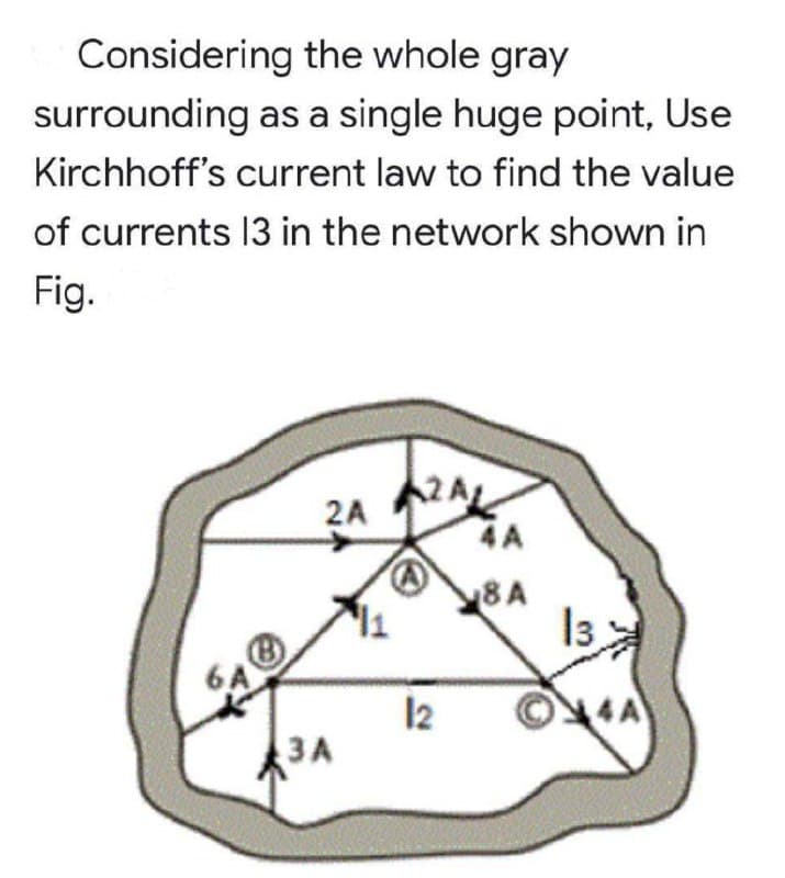 Considering the whole gray
surrounding as a single huge point, Use
Kirchhoff's current law to find the value
of currents 13 in the network shown in
Fig.
2A
4A
8A
6A
12
3A
