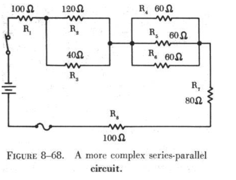 100 N
120N
R, 60N
R,
R,
R, 60L
401
R. 60
R,
R,
80N
R,
100 2
FIGURE 8-68. A more complex series-parallel
circuit.
