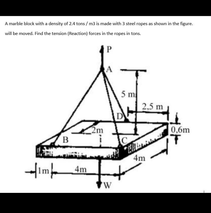 A marble block with a density of 2.4 tons / m3 is made with 3 steel ropes as shown in the figure.
will be moved. Find the tension (Reaction) forces in the ropes in tons.
5 m
2,5 m
2m
0.6m
В
4m
1m
4m
