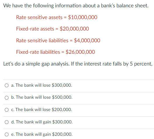 We have the following information about a bank's balance sheet.
Rate sensitive assets = $10,000,000
Fixed-rate assets = $20,000,000
Rate sensitive liabilities = $4,000,000
Fixed-rate liabilities = $26,000,000
Let's do a simple gap analysis. If the interest rate falls by 5 percent,
O a. The bank will lose $300,000.
O b. The bank will lose $500,000.
O c. The bank will lose $200,000.
O d. The bank will gain $300,000.
O e. The bank will gain $200,000.