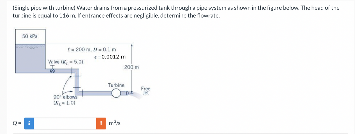 (Single pipe with turbine) Water drains from a pressurized tank through a pipe system as shown in the figure below. The head of the
turbine is equal to 116 m. If entrance effects are negligible, determine the flowrate.
50 kPa
l = 200 m, D = 0.1 m
€ =0.0012 m
Valve (K, = 5.0)
%3D
200 m
Turbine
Free
Jet
90 elbows
(K = 1.0)
%3D
m/s
%3D
