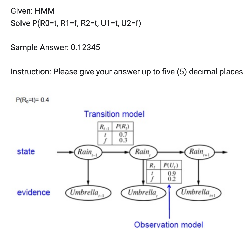 Given: HMM
Solve P(RO=t, R1=f, R2=t, U1=t, U2=f)
Sample Answer: 0.12345
Instruction: Please give your answer up to five (5) decimal places.
P(R₂=t)= 0.4
state
evidence
Transition model
Rain
R₁-P(R₂)
0.7
f
0.3
Umbrella,
Rain,
R₁
}
Umbrella,
P(U₂)
0.9
0.2
Rain
Umbrella
Observation model