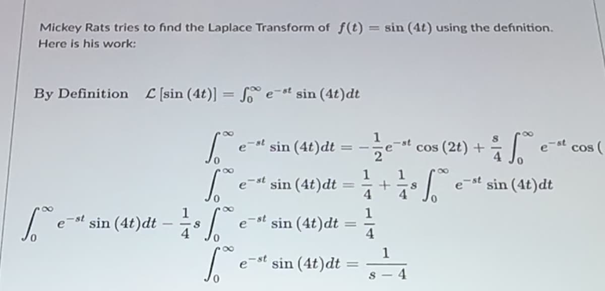 Mickey Rats tries to find the Laplace Transform of f(t) = sin (4t) using the definition.
Here is his work:
By Definition [sin (4t)] = fest sin (4t)dt
Lo e-st si
sin (4t)dt=
=
cos (2t) +
e-st
cos (
e-st sin (4t)dt =+sa
8
8
-st sin (4t)dt
e-st
Loode-st
- sin (4t)dt-s
st
e sin (4t)dt
-st
e sin (4t)dt
=
4
1
=
8-