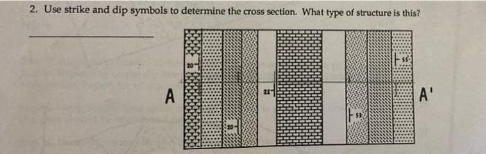 2. Use strike and dip symbols to determine the cross section. What type of structure is this?
A
A'
