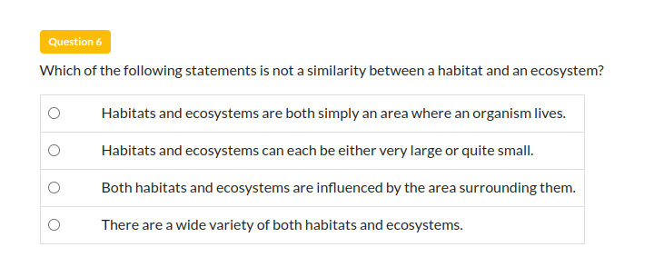 Question 6
Which of the following statements is not a similarity between a habitat and an ecosystem?
Habitats and ecosystems are both simply an area where an organism lives.
Habitats and ecosystems can each be either very large or quite small.
Both habitats and ecosystems are influenced by the area surrounding them.
There are a wide variety of both habitats and ecosystems.
