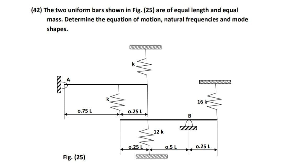(42) The two uniform bars shown in Fig. (25) are of equal length and equal
mass. Determine the equation of motion, natural frequencies and mode
shapes.
k
16 k
0.75 L
0.25 L
B
12 k
0.25 L
0.5 L
0.25 L
Fig. (25)
