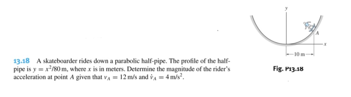 10 m|
13.18 A skateboarder rides down a parabolic half-pipe. The profile of the half-
pipe is y = x²/80 m, where x is in meters. Determine the magnitude of the rider's
acceleration at point A given that vA = 12 m/s and vA = 4 m/s².
Fig. P13.18
