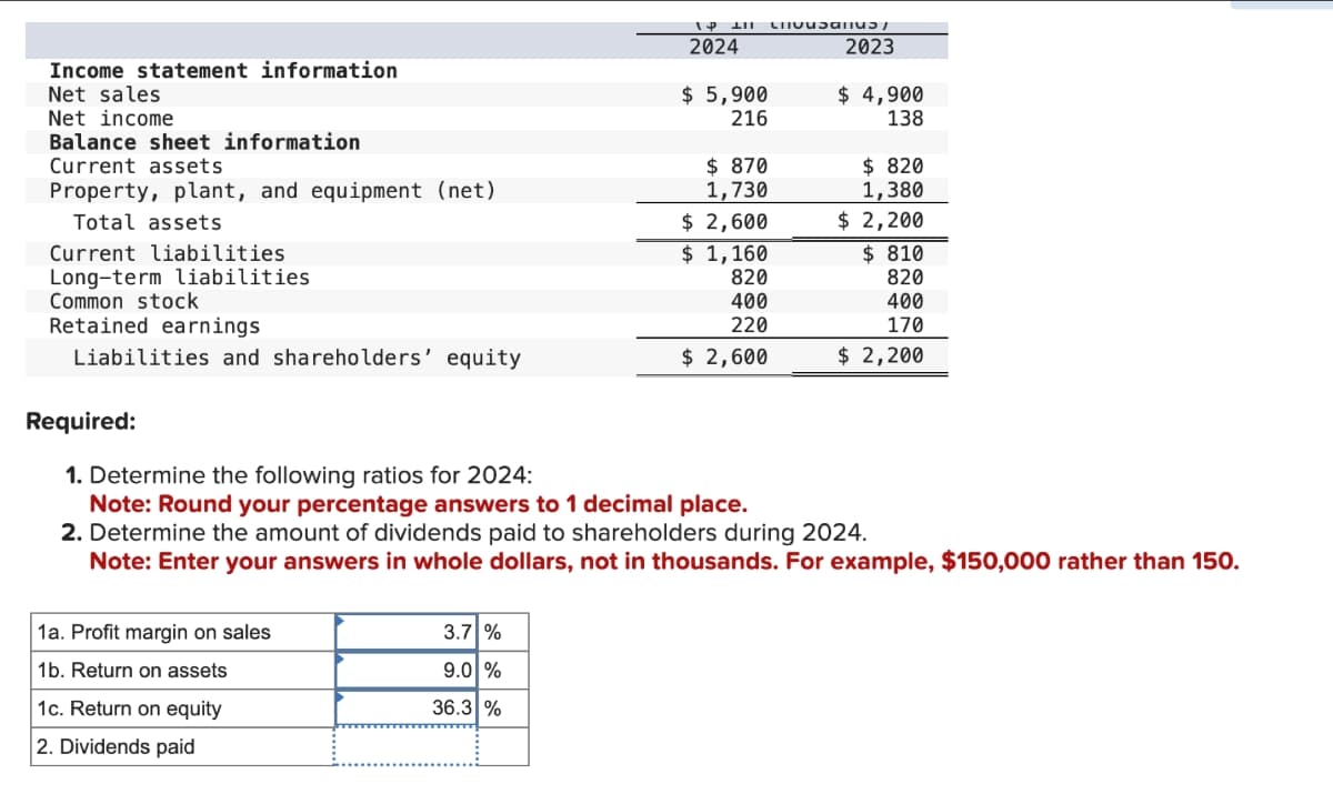 Income statement information
Net sales
Net income
Balance sheet information
Current assets
Property, plant, and equipment (net)
Total assets
Current liabilities
Long-term liabilities
Common stock
Retained earnings
Liabilities and shareholders' equity
1a. Profit margin on sales
1b. Return on assets
1c. Return on equity
2. Dividends paid
LII Lisa
3.7 %
9.0 %
36.3 %
2024
$ 5,900
216
$ 870
1,730
$ 2,600
$ 1,160
820
400
220
$ 2,600
2023
$ 4,900
138
Required:
1. Determine the following ratios for 2024:
Note: Round your percentage answers to 1 decimal place.
2. Determine the amount of dividends paid to shareholders during 2024.
Note: Enter your answers in whole dollars, not in thousands. For example, $150,000 rather than 150.
$ 820
1,380
$2,200
$810
820
400
170
$ 2,200