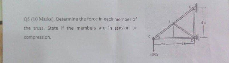 Q5 (10 Marks): Determine the force in each member of
60
the truss. State if the members are in tension or
compression.
400 Ib
