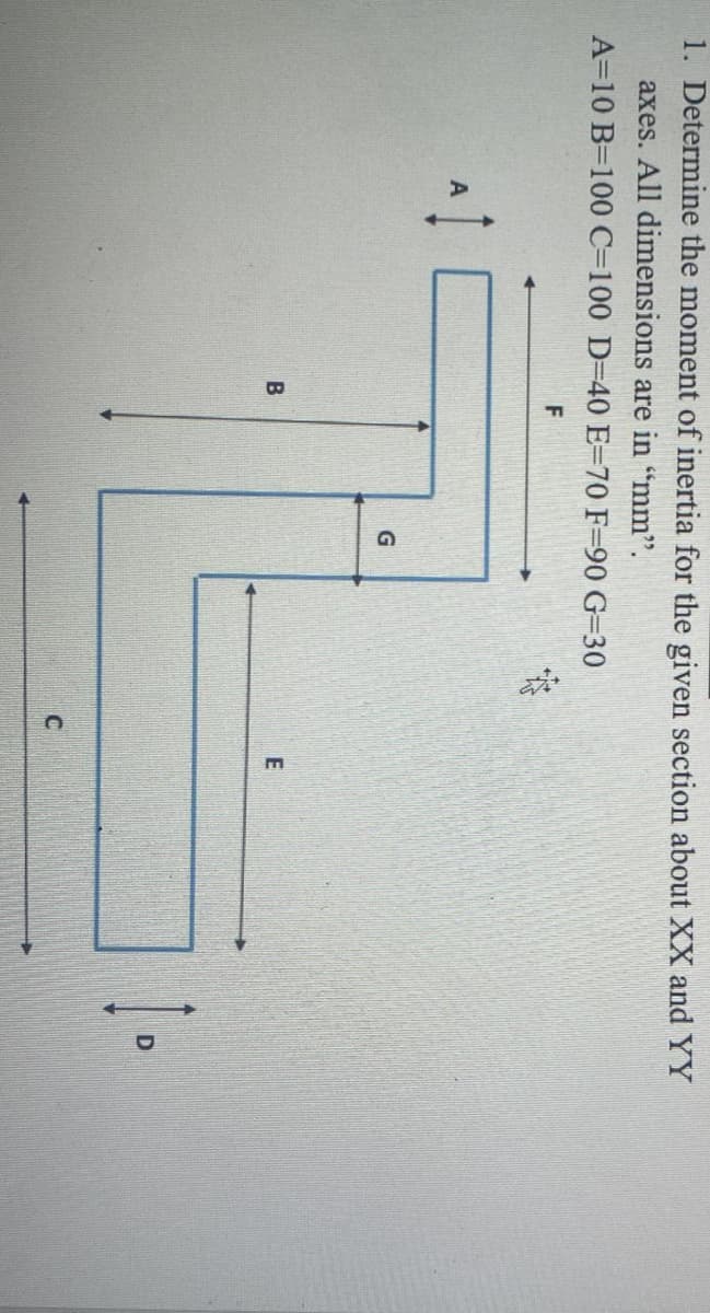 1. Determine the moment of inertia for the given section about XX and YY
axes. All dimensions are in "mm".
A 10 B 100 C=100 D-40 E=70 F-90 G=30
*
A
B
F
G
C
E