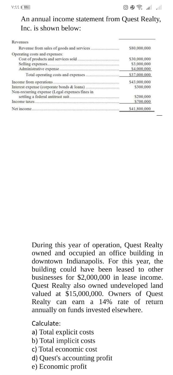 V:£E I VA
O O l ll
An annual income statement from Quest Realty,
Inc. is shown below:
Revenues
Revenue from sales of goods and services.
$80,000,000
Operating costs and expenses:
Cost of products and services sold
Selling expenses.
Administrative expense.
S30,000,000
S3,000,000
$4.000.000
Total operating costs and expenses
S37.000.000
Income from operations.
Interest expense (corporate bonds & loans).
Non-recurring expense (Legal expenses fines in
settling a federal antitrust suit
$43,000,000
S300,000
S200,000
Income taxes
S700,000
Net income
S41,800,000
During this year of operation, Quest Realty
owned and occupied an office building in
downtown Indianapolis. For this year, the
building could have been leased to other
businesses for $2,000,000 in lease income.
Quest Realty also owned undeveloped land
valued at $15,000,000. Owners of Quest
Realty can earn a
annually on funds invested elsewhere.
14% rate of return
Calculate:
a) Total explicit costs
b) Total implicit costs
c) Total economic cost
d) Quest's accounting profit
e) Economic profit
