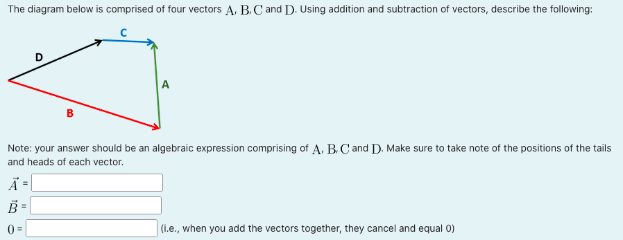 The diagram below is comprised of four vectors A, B. C and D. Using addition and subtraction of vectors, describe the following:
D
A
B
Note: your answer should be an algebraic expression comprising of A, B. C and D. Make sure to take note of the positions of the tails
and heads of each vector.
B =
0 =
|(i.e., when you add the vectors together, they cancel and equal 0)
