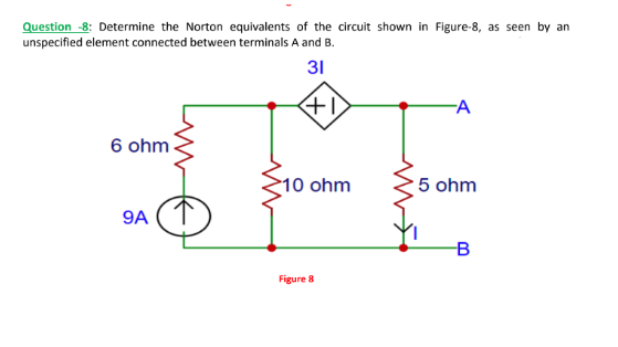 Question -8: Determine the Norton equivalents of the circuit shown in Figure-8, as seen by an
unspecified element connected between terminals A and B.
31
+1
6 ohm
9A
10 ohm
Figure 8
-A
5 ohm
B
