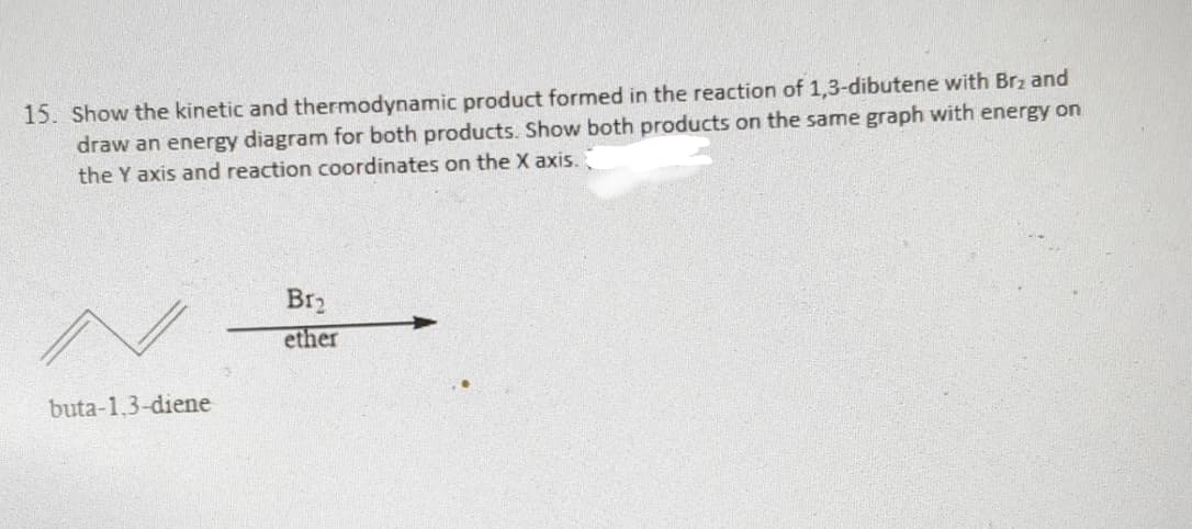 15. Show the kinetic and thermodynamic product formed in the reaction of 1,3-dibutene with Br₂ and
draw an energy diagram for both products. Show both products on the same graph with energy on
the Y axis and reaction coordinates on the X axis.
buta-1,3-diene
Br₂
ether