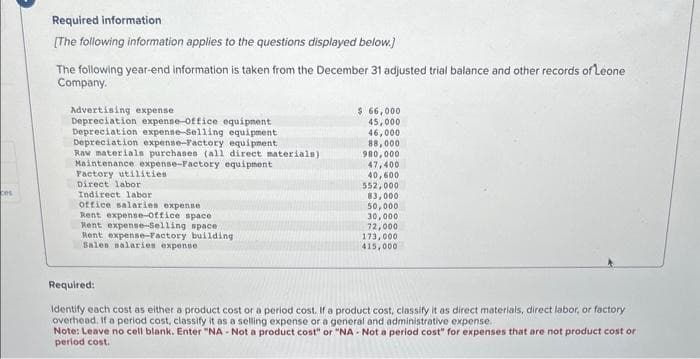 ces
Required information
[The following information applies to the questions displayed below.]
The following year-end information is taken from the December 31 adjusted trial balance and other records of Leone
Company.
Advertising expense
Depreciation expense-Office equipment
Depreciation expense-Selling equipment
Depreciation expense-Factory equipment
Raw materials purchases (all direct materials)
Maintenance expense-Factory equipment
Factory utilities
Direct labor
Indirect labor
office salaries expense
Rent expense-Office space
Rent expense-Selling space
Rent expense-Factory building
Sales salaries expense
$ 66,000
45,000
46,000
88,000
980,000
47,400
40,600
552,000
83,000
50,000
30,000
72,000
173,000
415,000
Required:
Identify each cost as either a product cost or a period cost. If a product cost, classify it as direct materials, direct labor, or factory
overhead. If a period cost, classify it as a selling expense or a general and administrative expense.
Note: Leave no cell blank. Enter "NA- Not a product cost" or "NA- Not a period cost" for expenses that are not product cost or
period cost.