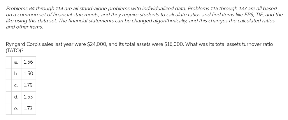 Problems 84 through 114 are all stand-alone problems with individualized data. Problems 115 through 133 are all based
on a common set of financial statements, and they require students to calculate ratios and find items like EPS, TIE, and the
like using this data set. The financial statements can be changed algorithmically, and this changes the calculated ratios
and other items.
Ryngard Corp's sales last year were $24,000, and its total assets were $16,000. What was its total assets turnover ratio
(TATO)?
a. 1.56
b. 1.50
1.79
C.
d. 1.53
e.
1.73