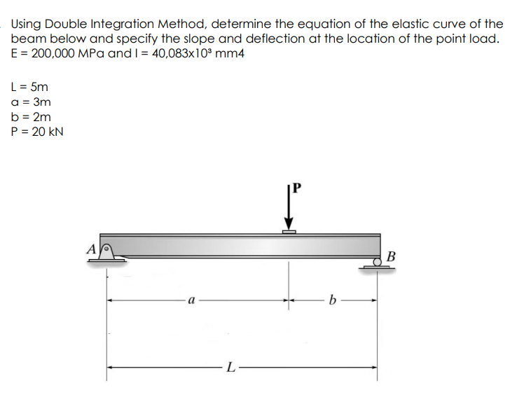 Using Double Integration Method, determine the equation of the elastic curve of the
beam below and specify the slope and deflection at the location of the point load.
E = 200,000 MPa and I = 40,083x10° mm4
L= 5m
a = 3m
b = 2m
P = 20 kN
A
B
a
L
