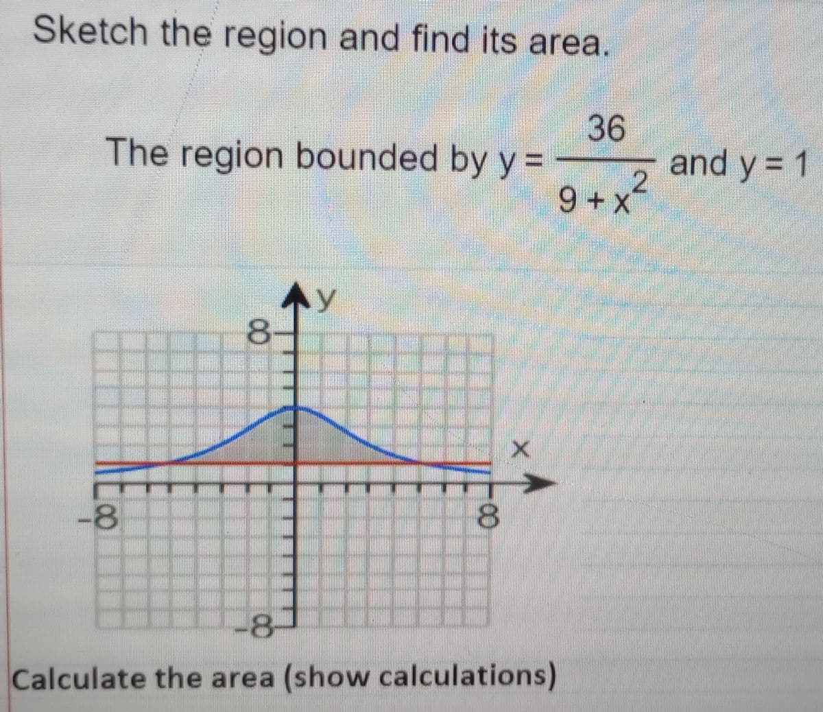 Sketch the region and find its area.
The region bounded by y =
-8
00
Ау
8
8
Calculate the area (show calculations)
36
2
9+x
and y = 1