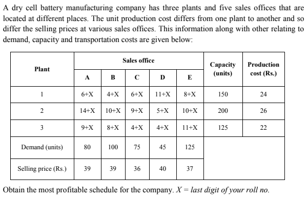 A dry cell battery manufacturing company has three plants and five sales offices that are
located at different places. The unit production cost differs from one plant to another and so
differ the selling prices at various sales offices. This information along with other relating to
demand, capacity and transportation costs are given below:
Sales office
Сараcity
(units)
Production
Plant
cost (Rs.)
В
D
E
1
6+X
4+X
6+X
11+X
8+X
150
24
14+X
10+X
9+X
5+X
10+X
200
26
3
9+X
8+X
4+X
4+X
11+X
125
22
Demand (units)
80
100
75
45
125
Selling price (Rs.)
39
39
36
40
37
Obtain the most profitable schedule for the company. X = last digit of your roll no.
