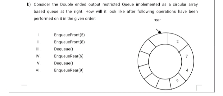 b) Consider the Double ended output restricted Queue implemented as a circular array
based queue at the right. How will it look like after following operations have been
performed on it in the given order:
rear
I.
EnqueueFront(5)
I.
EnqueueFront(8)
II.
Dequeue()
IV.
EnqueueRear(6)
V.
Dequeue()
VI.
EnqueueRear(9)
9.
