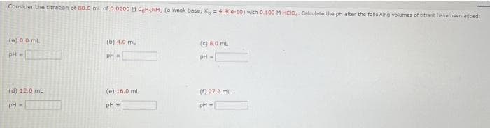 Consider the titration of 60.0 mL of 0.0200 M CH, NH, (a weak base; K,= 4.30e-10) with 0.100 M HCIO. Calculate the pH after the following volumes of titrant have been added
(a)0,0 mL
(6) 4.0 ml
(c) 6.0 mL
PH
pH=
(d) 12.0 ml
(e) 16.0 mL
(F) 27.2 ml
pH
pH
PH =
