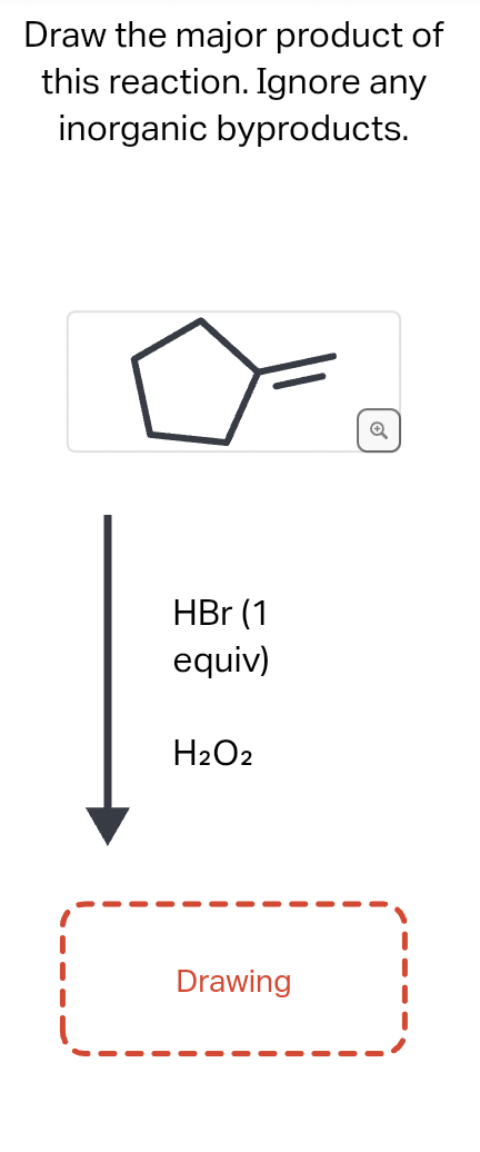 Draw the major product of
this reaction. Ignore any
inorganic byproducts.
HBr (1
equiv)
H₂O2
Drawing
Q
