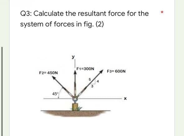 Q3: Calculate the resultant force for the
system of forces in fig. (2)
F1=300N
F2= 450N
F3= 600N
45⁰
*