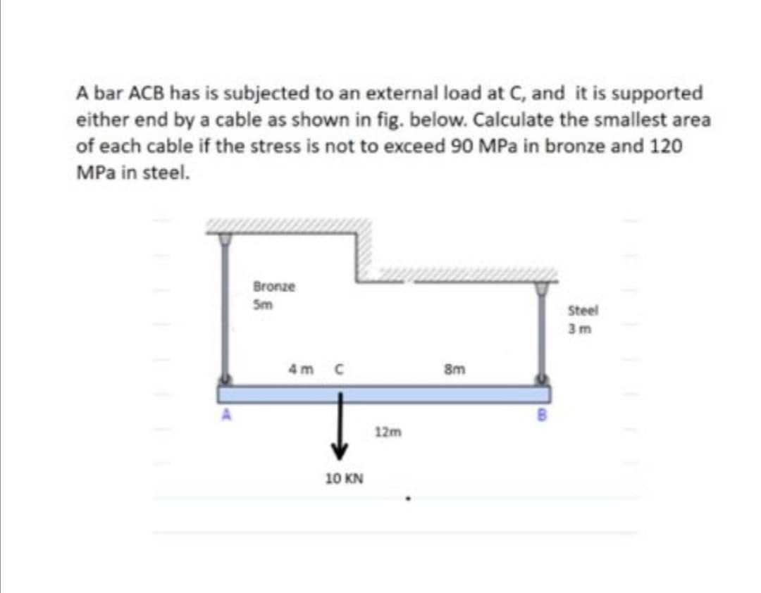 A bar ACB has is subjected to an external load at C, and it is supported
either end by a cable as shown in fig. below. Calculate the smallest area
of each cable if the stress is not to exceed 90 MPa in bronze and 120
MPa in steel.
Bronze
Sm
Steel
3m
4m c
8m
12m
10 KN
