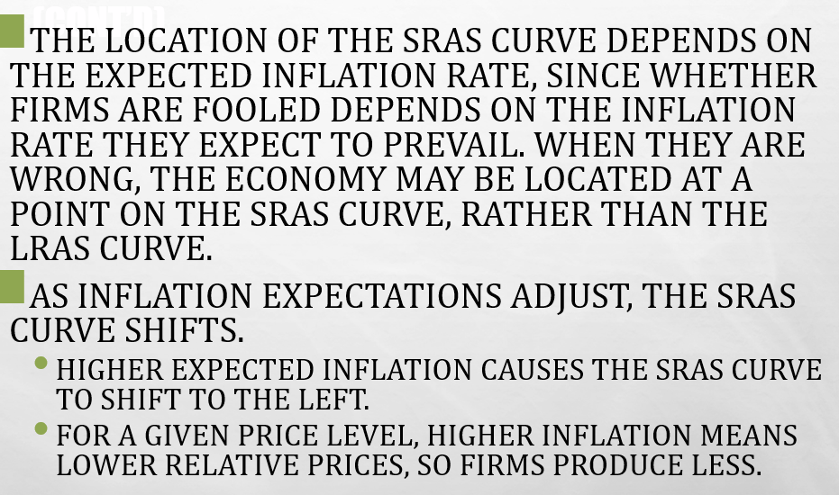 THE LOCATION OF THE SRAS CURVE DEPENDS ON
THE EXPECTED INFLATION RATE, SINCE WHETHER
FIRMS ARE FOOLED DEPENDS ON THE INFLATION
RATE THEY EXPECT TO PREVAIL. WHEN THEY ARE
WRONG, THE ECONOMY MAY BE LOCATED AT A
POINT ON THE SRAS CURVE, RATHER THAN THE
LRAS CURVE.
AS INFLATION EXPECTATIONS ADJUST, THE SRAS
CURVE SHIFTS.
HIGHER EXPECTED INFLATION CAUSES THE SRAS CURVE
TO SHIFT TO THE LEFT.
FOR A GIVEN PRICE LEVEL, HIGHER INFLATION MEANS
LOWER RELATIVE PRICES, SO FIRMS PRODUCE LESS.
